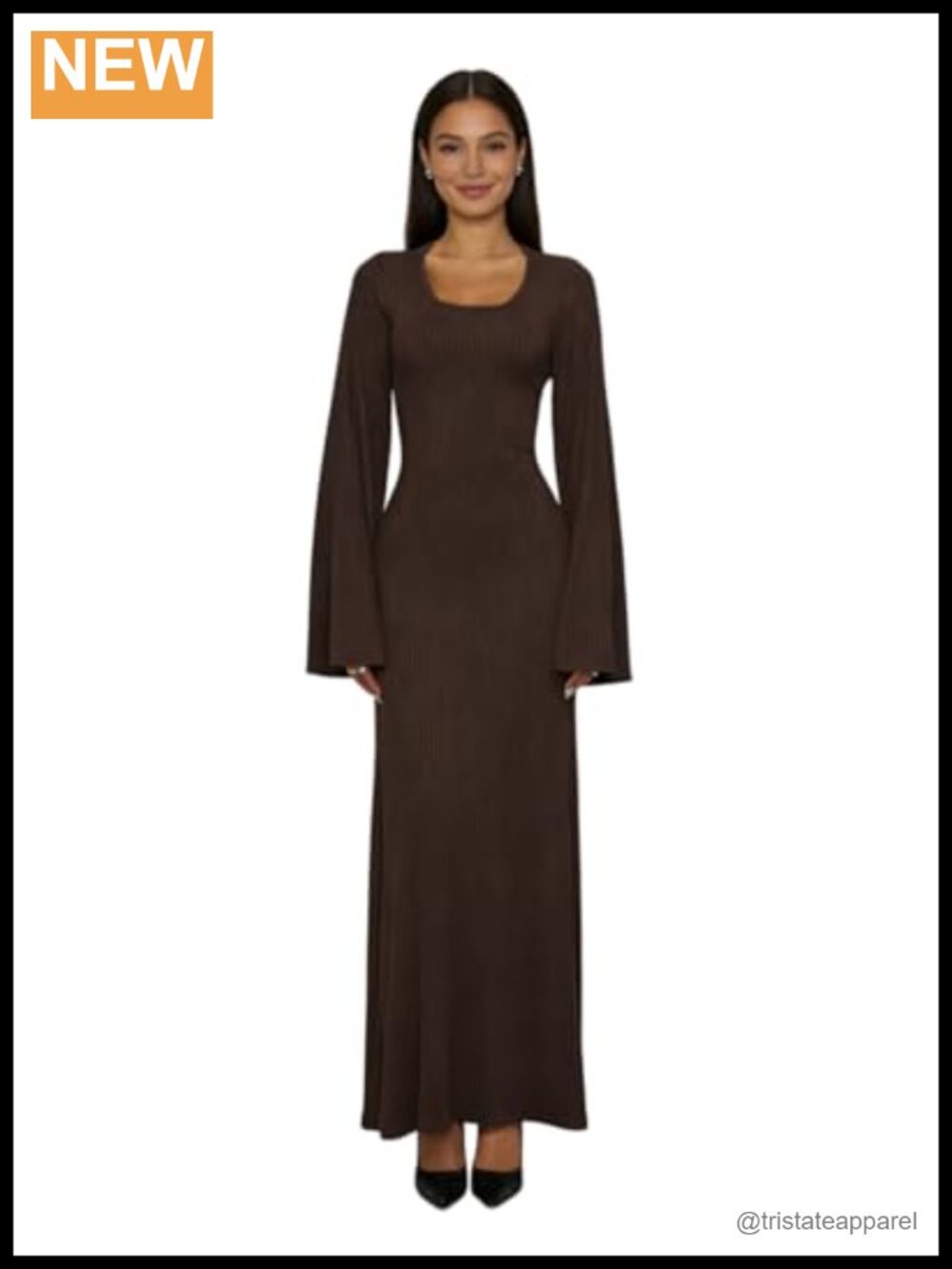 Scoop Neck Lace Up Ribbed Maxi Dress Flare Sleeve Bodycon Casual Long